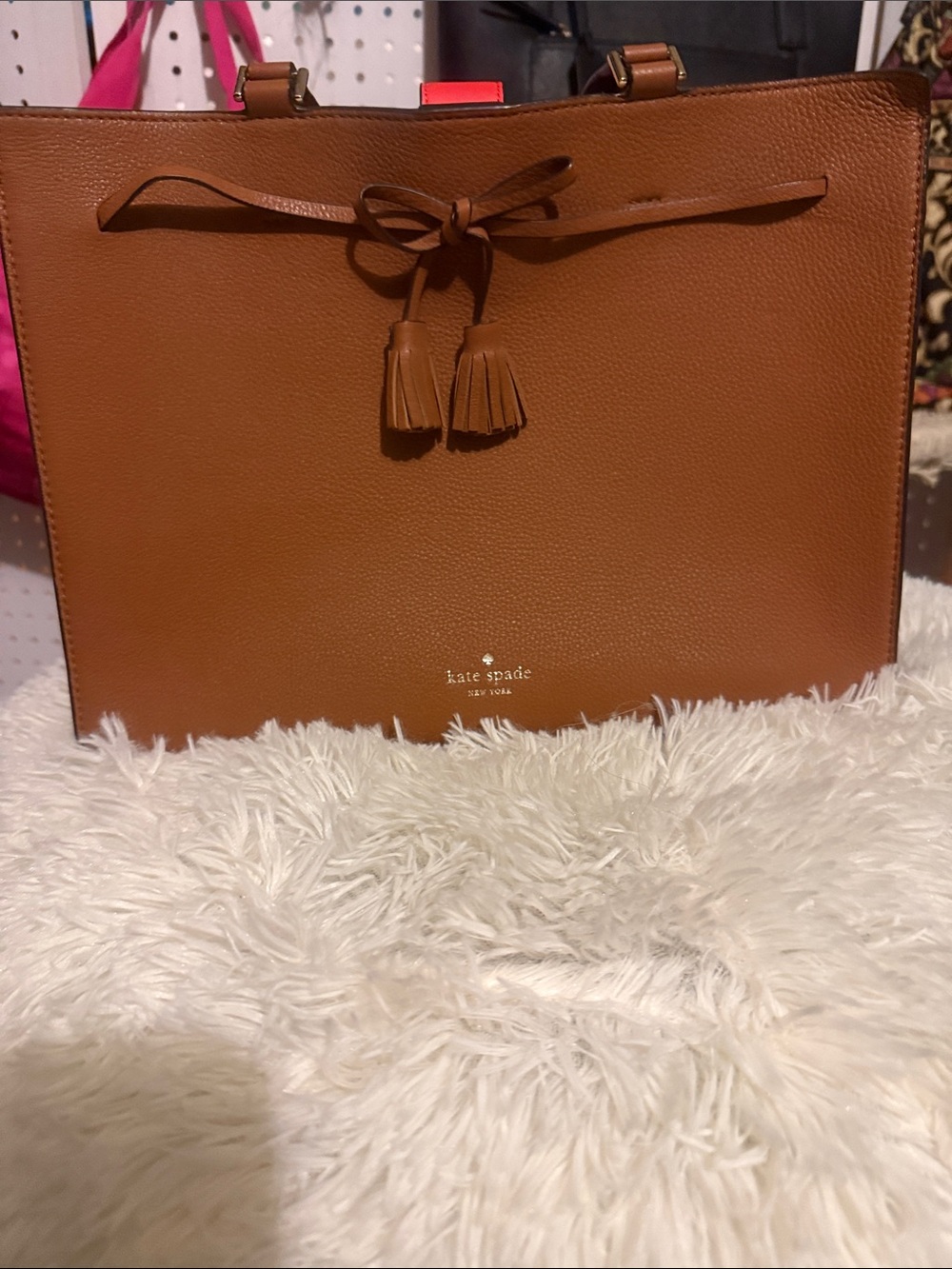 Kate Spade Hayes Brown Leather Tote with Tassel Bow